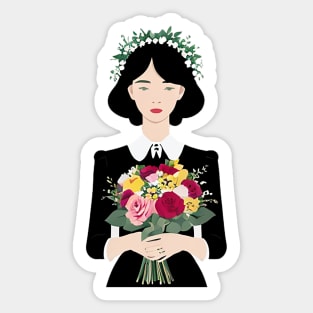 Young woman holding a bouquet of flowers Sticker